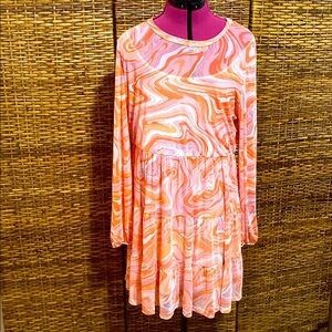 EUC Love X Design white, orange, pink, sheer, long sleeve fully lined Dress XL